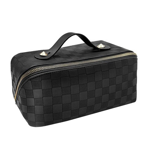 BOAWHNTR Travel Makeup Bag, Large Capacity Cosmetic Bags for Women, Waterproof Portable Pouch Open Flat Toiletry Bag Make up Organizer with Divider and Handle, Black