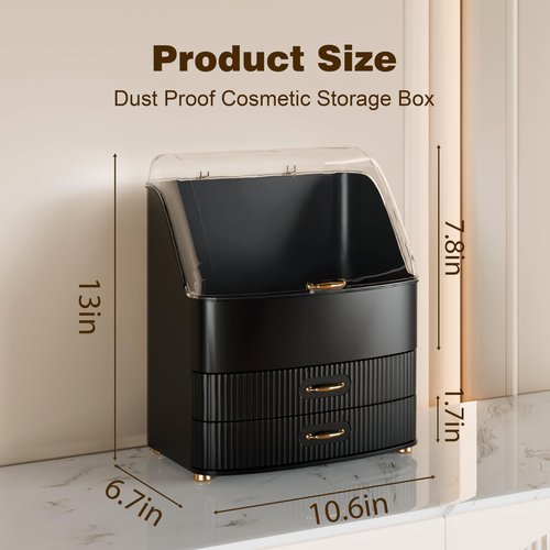 Plukers Makeup Organizer Countertop Vanity with Transparent Lid Drawers Waterproof Dustproof Cosmetic Skincare Bathroom Storage Gift for Women Teens Girls (Black)