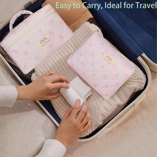 AMULOKRU Large Makeup Bag, Cute Cosmetic Bags for Women Girls, Quilted Floral Toiletry Bag, Travel Make Up Organizer Bag