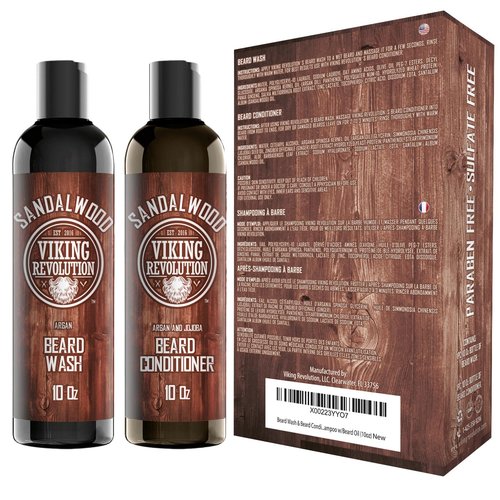 Beard Wash & Beard Conditioner Set w/Argan & Jojoba Oils - Softens & Strengthens - Natural Sandalwood Scent - Beard Shampoo w/Beard Oil (10oz)