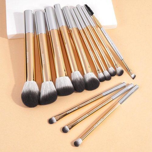 MAANGE 13 PCS Makeup Brushes Travel Make Up Brushes Premium Synthetic Powder Concealers Brushes Professional Makeup Brush Set with Case (Gold Silver)
