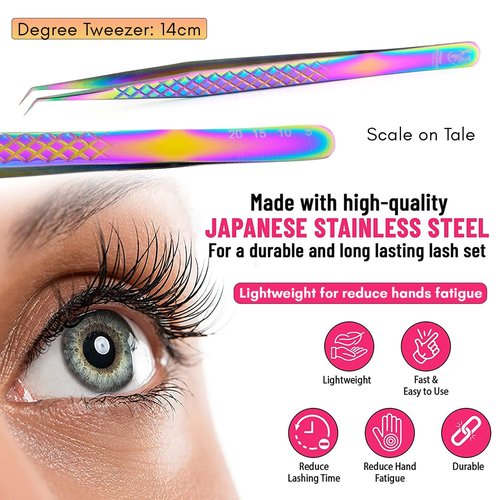 My Lash Tools Eyelash Extension Curved Degree Tweezers for Isolation Lash Extensions 14cm, Best for Individual Isolation & Classic Lashes Japanese Stainless Steel Eyelash Twisers (Rainbow)