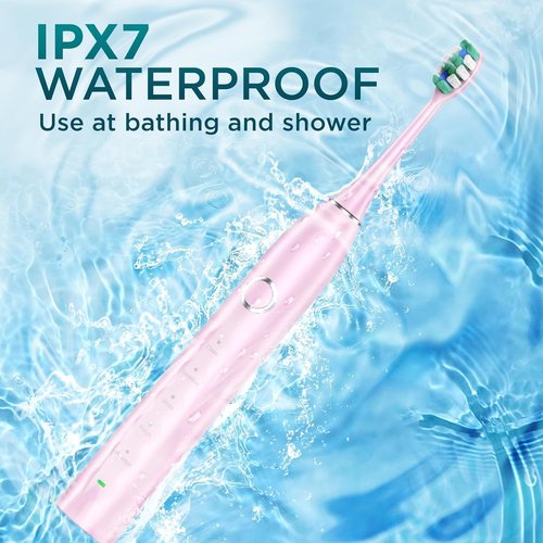 Fronix Electric Toothbrush for Adults with 8 Brush Heads, Sonic Toothbrush Rechargeable with a Holder & Travel Case, 2.5 Hours Charge for 120 Days Use - Pink