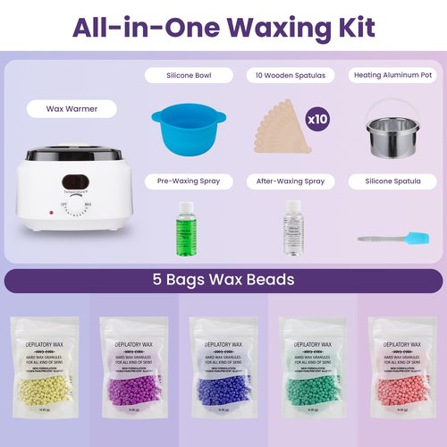 Sunvivi Wax Kit Digital Hair Removal Waxing Kit for Women & Men, Hot Wax Warmer Pot with 5 Bag Hard Wax Beads, Wax Melt Warmer Kit for Full Body, Legs, Face, Bikini,Sensitive skin, White