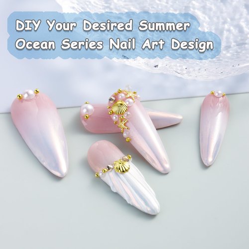 FSpronail Summer Nail Charms Nail Pearls Beach Seashell Starfish Gold Nail Charms Sea Shell Nail Gems 3D Caviar Beads Star Fish Nail Art Ocean Theme Designs Manicure Decoration Supplies