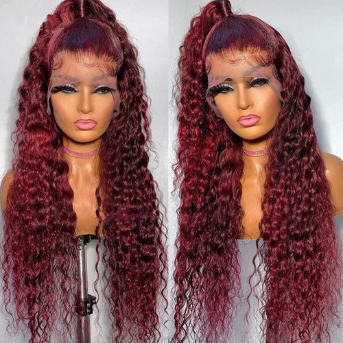 zikria Burgundy 99J Colored Curly Human Hair Lace Front Wigs 13X4 Transparent Lace Front Wigs Human Hair 150% Density Brazilian Virgin Hair Pre Plucked with Baby Hair 20 Inch