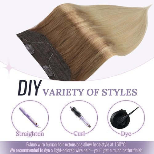 Fshine Invisible Wire Hair Extensions Real Human Hair Ombre 10/14 Brown to Dirty Blonde Fish Line Human Hair 12 Inch Secret Hairpiece Clip in Hair Extensions Add Volume 70 G