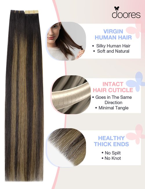DOORES Injected Seamless Tape in Hair Extensions Human Hair Invisi Edge, Dark Brown to Chestnut Brown 10 Injection Tape-ins with 10 Classic Tape-ins 50g 16 Inch, Tape in Extensions