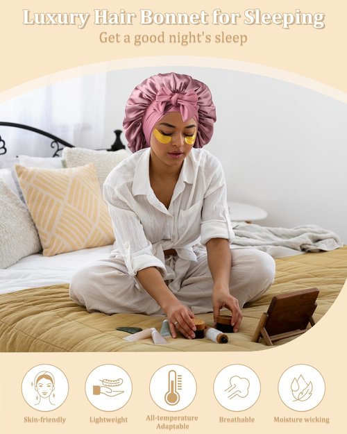 100% Mulberry Silk Bonnet for Women Hair Bonnet for Sleeping with Hair Scrunchy Elastic Tie Band Night Cap(Bean Paste)