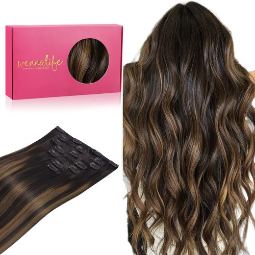 WENNALIFE Clip in Hair Extensions Real Human Hair, 12 Inch 80g 7pcs Remy Hair, Balayage Natural Black to Chestnut Brown Straight Natural Extensiones De Cabello Humano Con Clip Ins