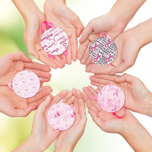 Pinkunn 100 Pcs Breast Cancer Awareness Gifts for Woman Bulk Inspirational Breast Cancer Survivor Gifts Compact Mirrors Pink Ribbon Motivational Mini Pocket Travel Makeup Mirrors (Ribbon)