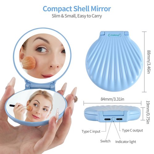 E-MAKEUP Compact Makeup Mirror, 10X /2X Magnification, Compact Travel Mirror with 3-Level Brightness, Shell Led Compact Mirror with Light, Small Gifts for Women & Men, Portable, Handheld