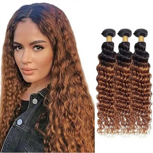 Cklikeb Human Hair Bundles T1B/30# Color Deep Wave Bundles Human Hair Unprocessed Brazilian Virgin 12 14 16 Inch 3 Bundles Quick Weave Human Hair Extensions (T1B/30 Deep Wave, 12 14 16)