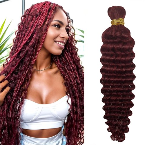 99J Burgundy Human Braiding Hair For Boho Braids 100g Deep Wave Bulk Human Hair for Braiding 12A No Weft Curly Human Hair Extensions Wet and Wavy Boho Hair for Braiding (99J-Deep Wave, 16 Inch)
