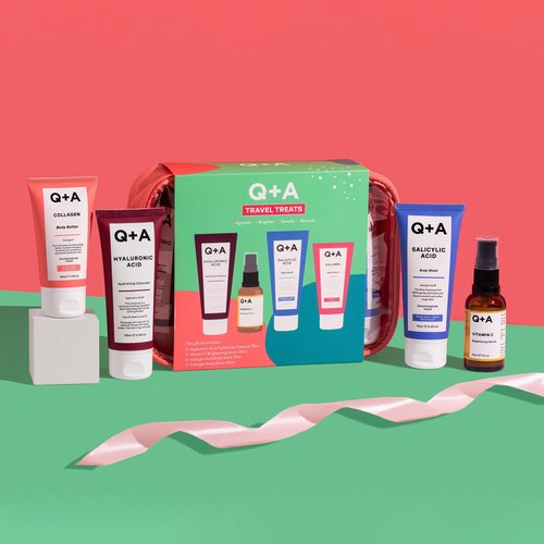 Q+A Travel Treats Gift Set, 4-Piece Skincare & Bodycare Minis with Travel Bag, Hydrating Fcaial Cleanser (75ml), Vitamin C Serum (30ml), Salicylic Acid Body Wash (75ml) & Collagen Body Butter (50ml)