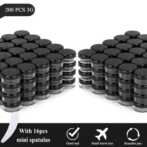 200PCS 3 Gram Sample Containers, 3ml Empty Jars with Lids, Small Cosmetic Containers, Mini Sample Jars with 16PCS Mini Spatulas for Make Up, Oils, Lotion, Powder, Paint, Jewelry, Lip Balms(Black Lid)