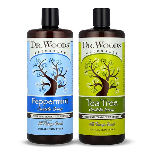 Dr. Woods Liquid Castile Soap - Pure Tea Tree Oil and Peppermint Soap, Body Wash for Men and Women, Contains Organic Shea Butter, Natural Cleaner for Face, Hands, and Body - 32 Fl Oz, Pack of 2