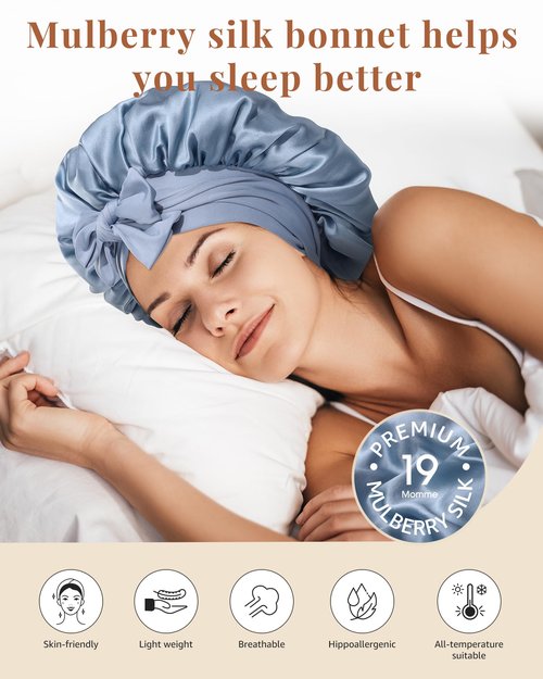 AWAYTR Silk Bonnet for Sleeping Women 100% Mulberry Silk Bonnet with Band 2 Layer Reversible Hair Bonnet Sleeping Hair Wrap (Silk, Haze blue/Sky blue)