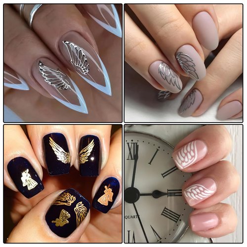 Angel Wings Nail Stickers Laser Metallic Angel Wings Nail Decals 3D Self-Adhesive Holographic Gold Silver Wings Letter Decals Stickers Design Nail Art Supplies for Nails Manicure Decorations 6 Sheets