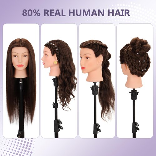 Mannequin Head Human Hair 80% Real Hair Cosmetology Mannequin Head for Braiding Styling Cutting 26-28” Doll Head with Clamp Tools (Brown)