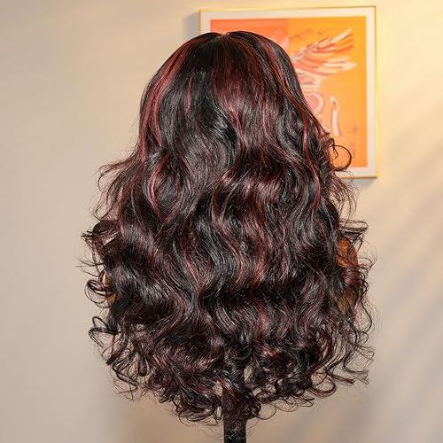 Ali Pearl Body Wave Lace Front Wigs Layered Cut Curtain Bangs Side Part 13x4 Body Wave Human Hair Highlights 1B/99J Burgundy Pre Plucked Glueless Wigs with Baby Hair 18 Inch