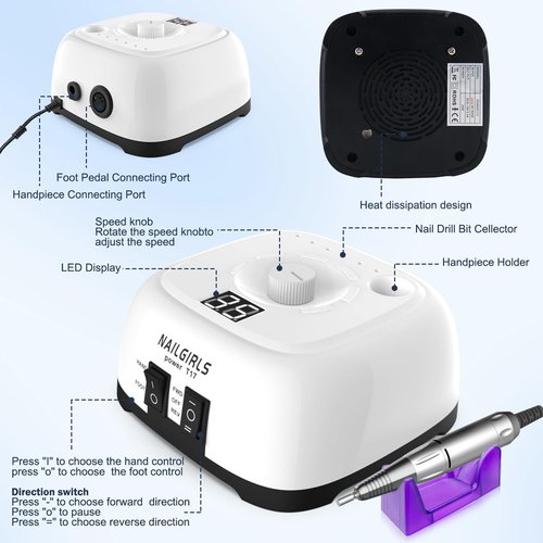 NAILGIRLS Electric Nail Drill Professional 35000RPM with Foot Pedal, Nail Drill Machine for Acrylic Gel Nails Manicure Pedicure with LCD Display Efile Tool for Salon Home Use