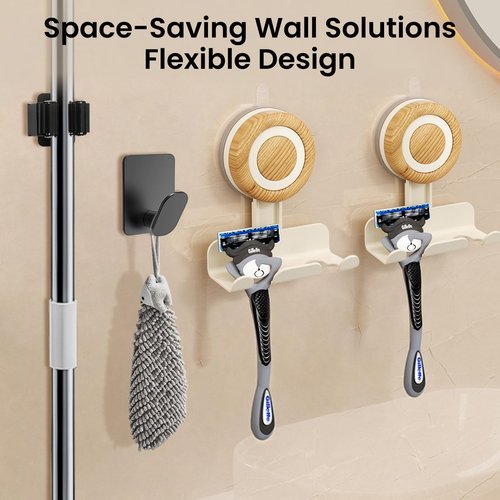 Frstem 2 Pack Razor Holder for Shower,Include 2 Adhesive Hooks&2 Broom Holder Wall Mount,Removable Suction Cup Razor Holder,Suction Cup Shower Hooks for Razor,Towel, Shaver Holder for Bathroom Wall