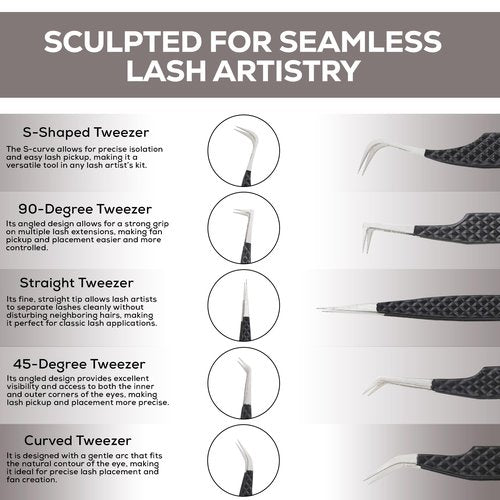 PRISTINE PLUCK 5-Piece Eyelash Extension Tweezers Set Precision Lash Tweezers with Anti-Slip Grip with fiber tip lash tweezers Tools for Lash Artists & eyelash tweezers for women (eyelash set black)