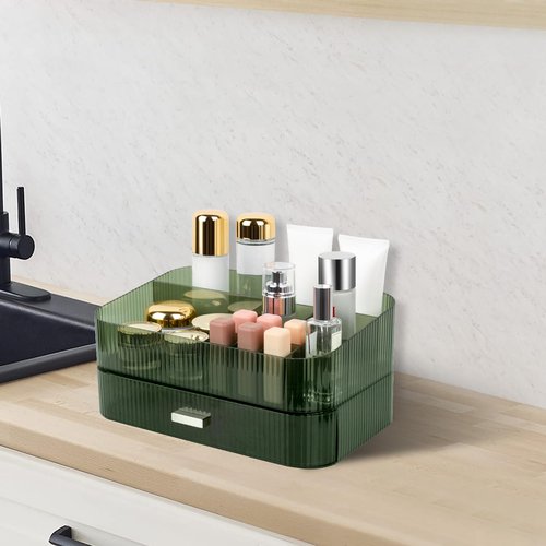 Makeup Organizer With Large Capacity, Cosmetics Organizer for Bedroom and Bathroom Vanity Countertops, Huge Capacity Cosmetic Storage Box for Skincare Cream Perfume Lipstick Dresser Counter-Green