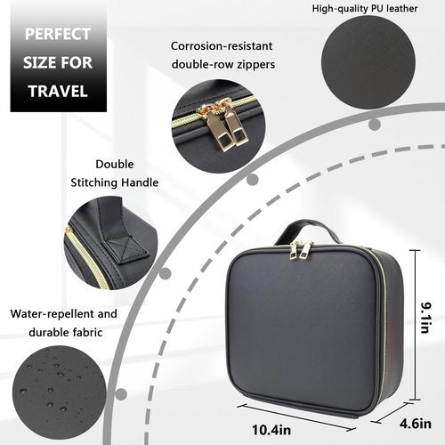 Travel Makeup Bag for Makeup Artists Large Makeup Case,with Mirror 3 Color Setting and Detachable 10x Magnifying Mirror Travel Makeup Bag,Portable Storage and Adjustable Dividers（black）