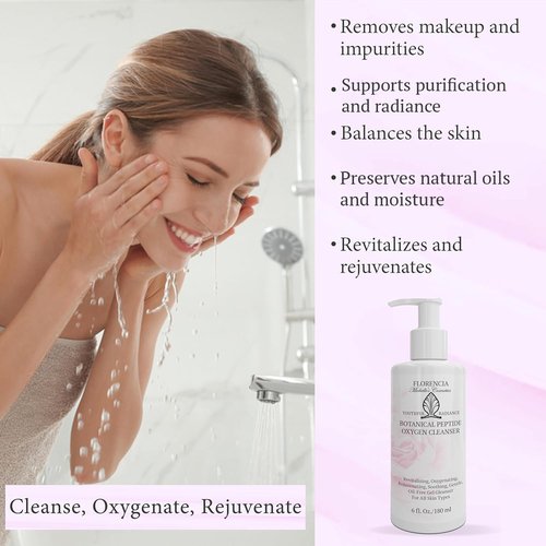 Florencia Botanical Peptide Oxygen Cleanser - Oil-Free Daily Foaming Gel Face Wash for Dry, Oily, or Sensitive Skin - With Peptides, Botanicals, Glycoproteins - Revitalizing Cleanser, 6 oz