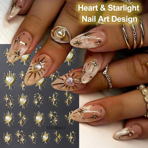 4Pcs Star Nail Decals Embossed Star Nail Art Stickers 5D Self-Adhesive Gold Bronzing Cross Starlight with Heart Rhinestones Nail Design Stickers Luxury Decals for Women Girls Manicure Decoration