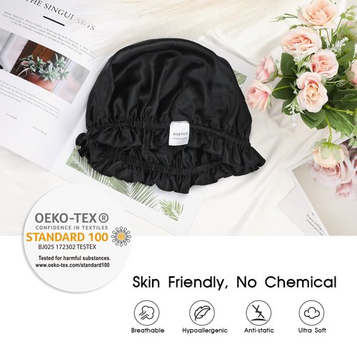 SILKTALE Silk Bonnet Hair Wrap for Sleeping,Pure Mulberry Silk Sleep Bonnet Night Cap for Women/Men,Double Layer 19 Momme Ruffle100% Natural Silk Head Turban for Curly Hair, Black