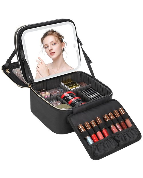 TANTO Travel Makeup Bag with LED Mirror Double Layer Makeup Case with Lighted Mirror Dual Layer Cosmetic Train Case Portable Artist Organizer Bag with Dividers and Rechargeable Vanity (Black, Small)