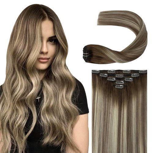 Clip in Human Hair Extensions for Women Balayage Walnut Brown to Ash Brown Mix Light Blonde Ombre Natural Straight Remy Clip ins Real Human Hair Double Weft Clip on Hair Extensions 14 Inch 60G 5 PCS