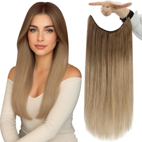 Fshine Invisible Wire Hair Extensions Real Human Hair Ombre 10/14 Brown to Dirty Blonde Fish Line Human Hair 12 Inch Secret Hairpiece Clip in Hair Extensions Add Volume 70 G