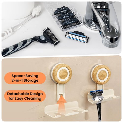 Frstem 2 Pack Razor Holder for Shower,Include 2 Adhesive Hooks&2 Broom Holder Wall Mount,Removable Suction Cup Razor Holder,Suction Cup Shower Hooks for Razor,Towel, Shaver Holder for Bathroom Wall