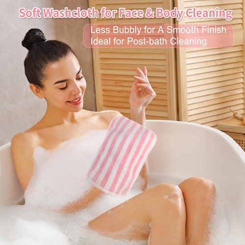 6 Striped Bath Mitts Washcloths, PHOGARY Small Hand Towels with Hanging Loop, 5"x8" Super Absorbent Soft Coral Fleece Face Towels Kid Teen Adult Body Facial Cloths Machine Washable Cloth for Showering