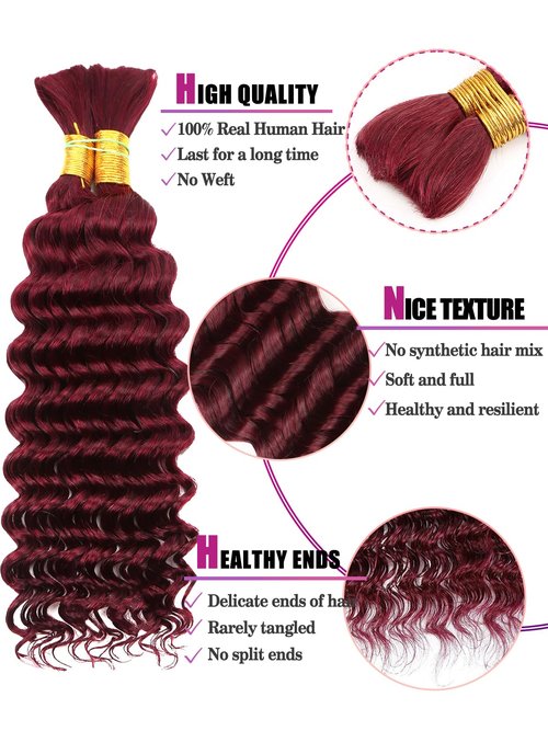 99J Burgundy Human Braiding Hair Deep Wave Bulk, No Weft Curly Braiding Hair Extensions for Boho Braids Wet and Wavy Braiding Human Hair Bundles(14inch,99j,100g)