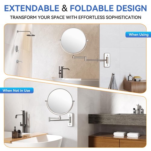 Auxmir 1X/20X Wall Mounted Makeup Mirror, 8'' 20X Magnifying Double-Sided Mirror with Tweezers, Bathroom Vanity Makeup Mirror, Cosmetic Mirror with 360 Rotation Extendable Swivel Arm, Chrome