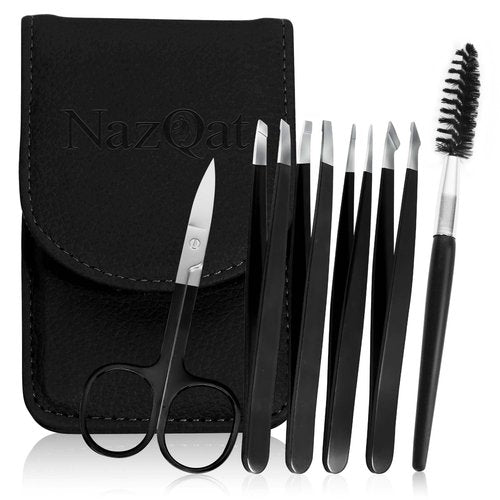NazQat 6 Pcs Tweezers Set for Women Facial Hair, Professional Eyebrow Kit, 4x Precision Tweezers for Eyebrows with Scissors and Grooming Brush - Eyebrows Hair Pluckers with Leather Travel Case