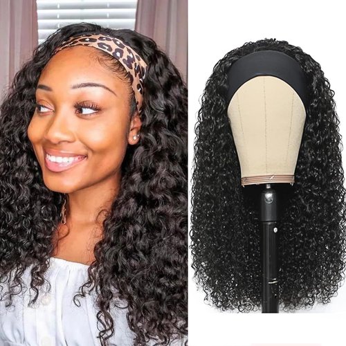 mmiQus Headband Wig Human Hair Water Wave None Lace Front Glueless Curly Wig With Pre-Attached Scarf For Black Women Put And Go Wig Natural Beginner-Friendly 14 Inch