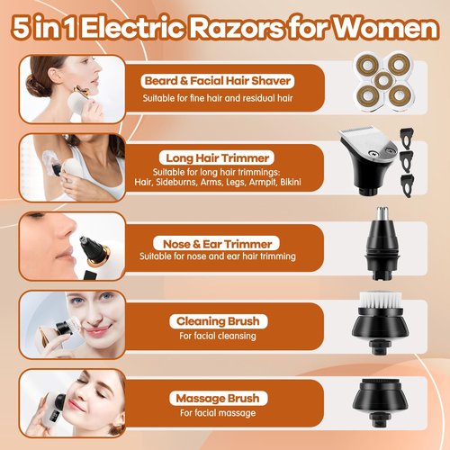 Electric Razors for Women, 5D Facial Hair Removal, 5-in-1 Wet/Dry Bikini Trimmer, Electric Shaver for Women, Rechargeable Face Shaver for Arms Legs Armpit Pubic Area, Painless Womens Grooming Kit