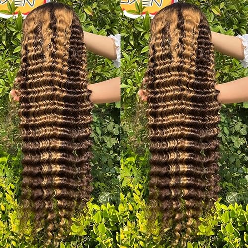 26inch Wear and Go Glueless Deep Wave 4/27 Highlight HD Transparent Lace Front Wigs Human Hair Wet and Wavy Curly Lace Frontal Wigs Pre Plucked with Baby Hair 200% Density