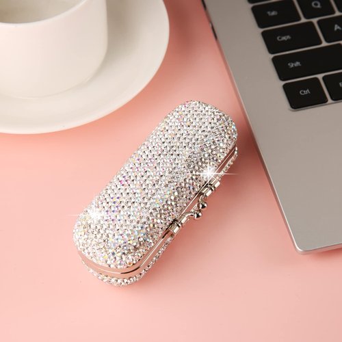 AsAlways Shiny Rhinestone Crystal Portable Lipstick Case with Mirror Portable Bling Diamonds Makeup Cosmetic Storage Holder for Travel Ladies Fashion (Silver)