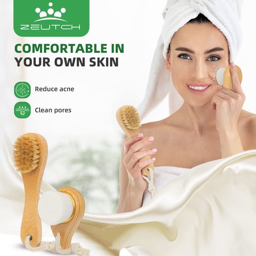 Zeutch Premium Dry Brushing Body Brush Set for Lymphatic Drainage and Cellulite Treatment, Boar Bristle Long Handle Face Cleansing Brush for A Glowing Skin, 5 Pack