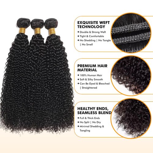 Kinky Curly Bundles Human Hair 14 16 18 Inch Human Hair Bundle 100% Unprocessed Brazilian Virgin Hair 3 Bundles for Black Women Weave Extensions Natural Black
