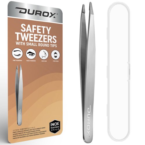 DUROX Round-Tip Tweezers — Gentle Chin & Facial Hair Removal for Women. Precision tweezers with small rounded/blunt tips for safe brow shaping and chin hair removal. Made of Stainless Steel