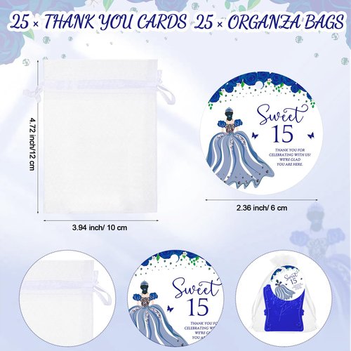 Wenqik 25 Set Quinceanera Party Favors for Guests Include Rose Compact Mirror Quinceanera Card and Organza Bag Mis Xv Años Sweet 15th Birthday Party Favors (Blue)