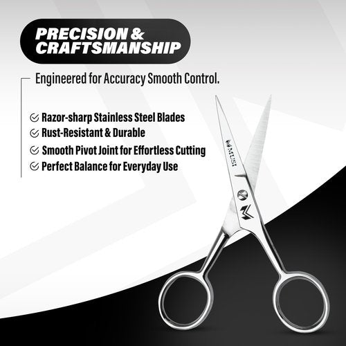 MUSI 4 Inch Eyebrow Scissors - Muti-purpose Small Scissors for Mustache, Beard, Nose Hair, Nail, Ear & Eyelash Trimming - Professional Stainless Steel Mini Grooming Scissors for Men Women with Comb